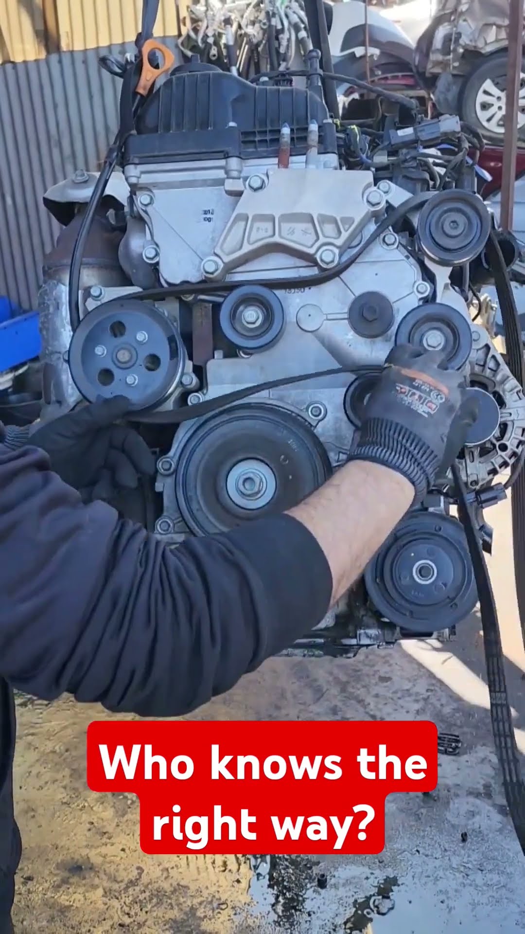 Hands working in front of an exposed engine with a caption asking who knows the right way.